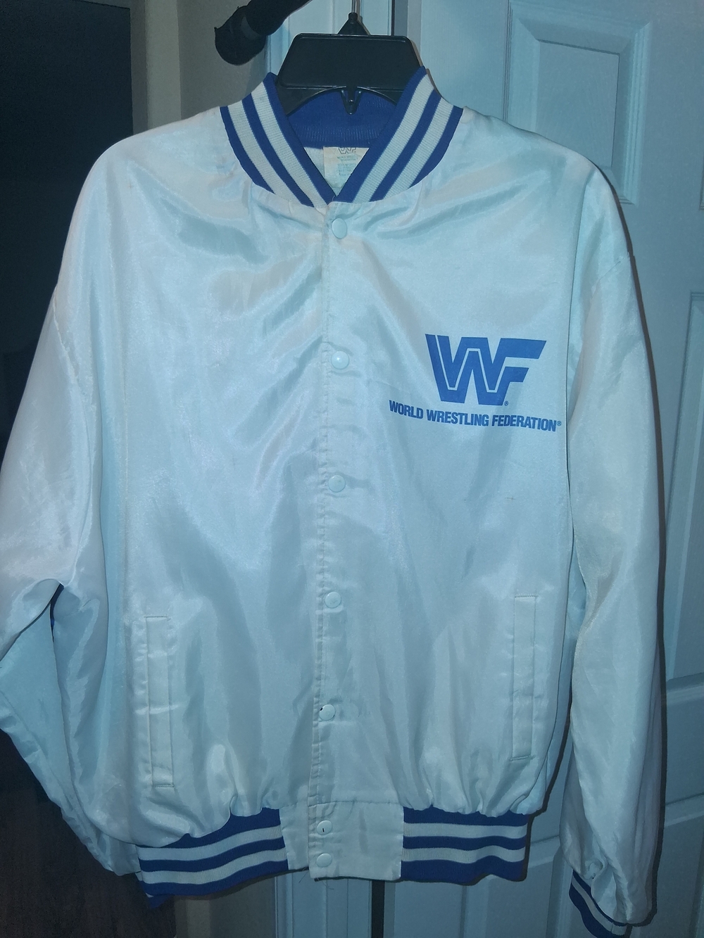 White WW(F) World Wrestling Federation Satin Jacket - Blue Logo